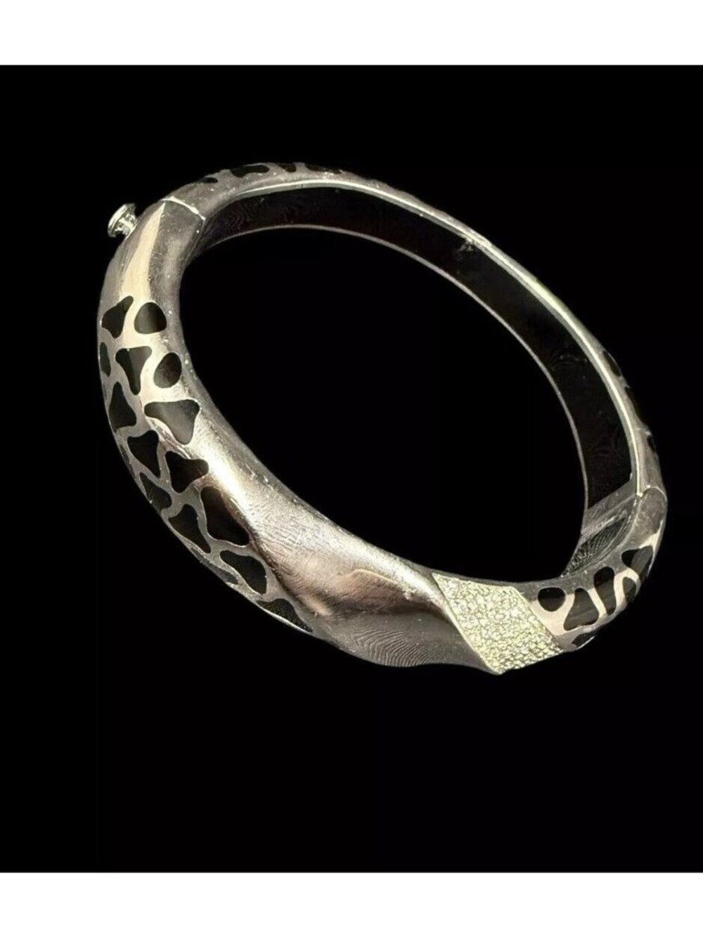 Signed Voreno 925 Safari Black Enamel Statement Bangle Bracelet Pave Diamonds